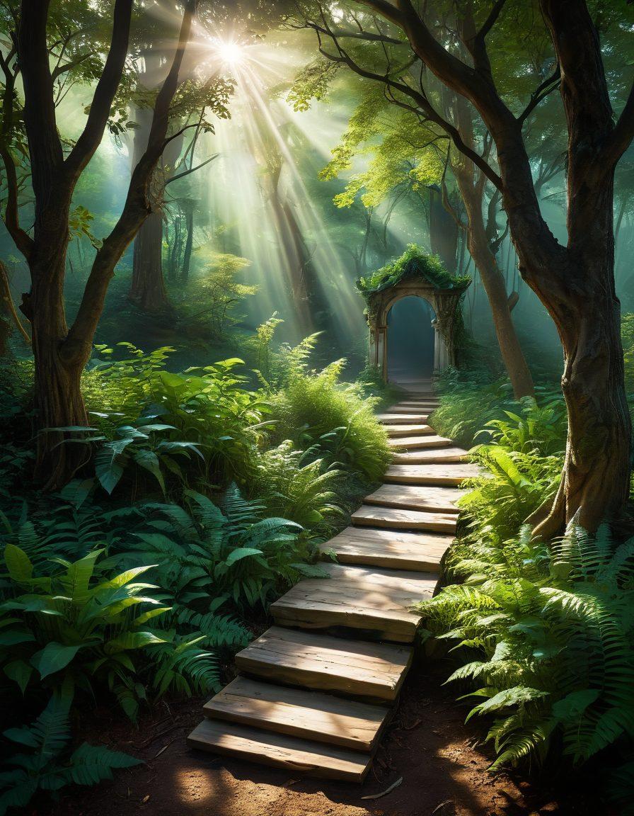 A serene landscape featuring a winding path through a lush forest leading to a glowing celestial portal in the sky, surrounded by ethereal light. Wisdom scrolls and open books float gently around, symbolizing spiritual verses and knowledge. Soft rays of sunlight filtering through the trees enhance the divine atmosphere. Overall, convey a sense of peace, insight, and a connection to the universe. super-realistic. vibrant colors. ethereal lighting.