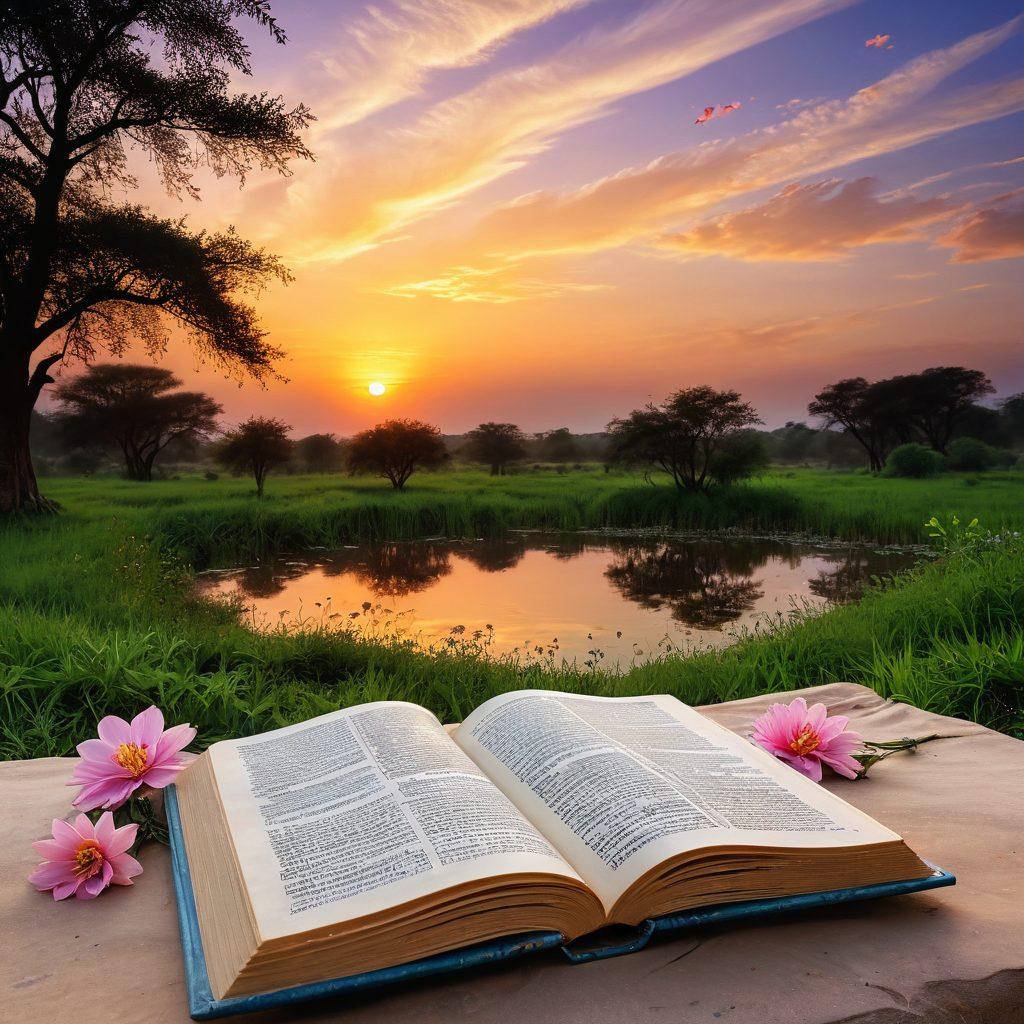 A serene landscape featuring an open ancient scripture book with pages fluttering in a gentle breeze, surrounded by diverse religious texts such as the Bible, Quran, and Bhagavad Gita, blending together under a vibrant sunset sky. Soft light illuminating the texts symbolizes enlightenment and wisdom, with subtle motifs of nature like blooming flowers and flowing water nearby. super-realistic. vibrant colors. peaceful atmosphere.