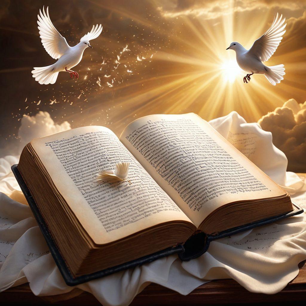 A serene background featuring an open ancient book with glowing scripture verses, surrounded by delicate rays of light filtering through soft clouds. Ethereal elements like doves or gentle swirls of light enhance the divine atmosphere. The scene embodies tranquility and inspiration, inviting deeper connection with faith. vibrant colors. super-realistic. ethereal.